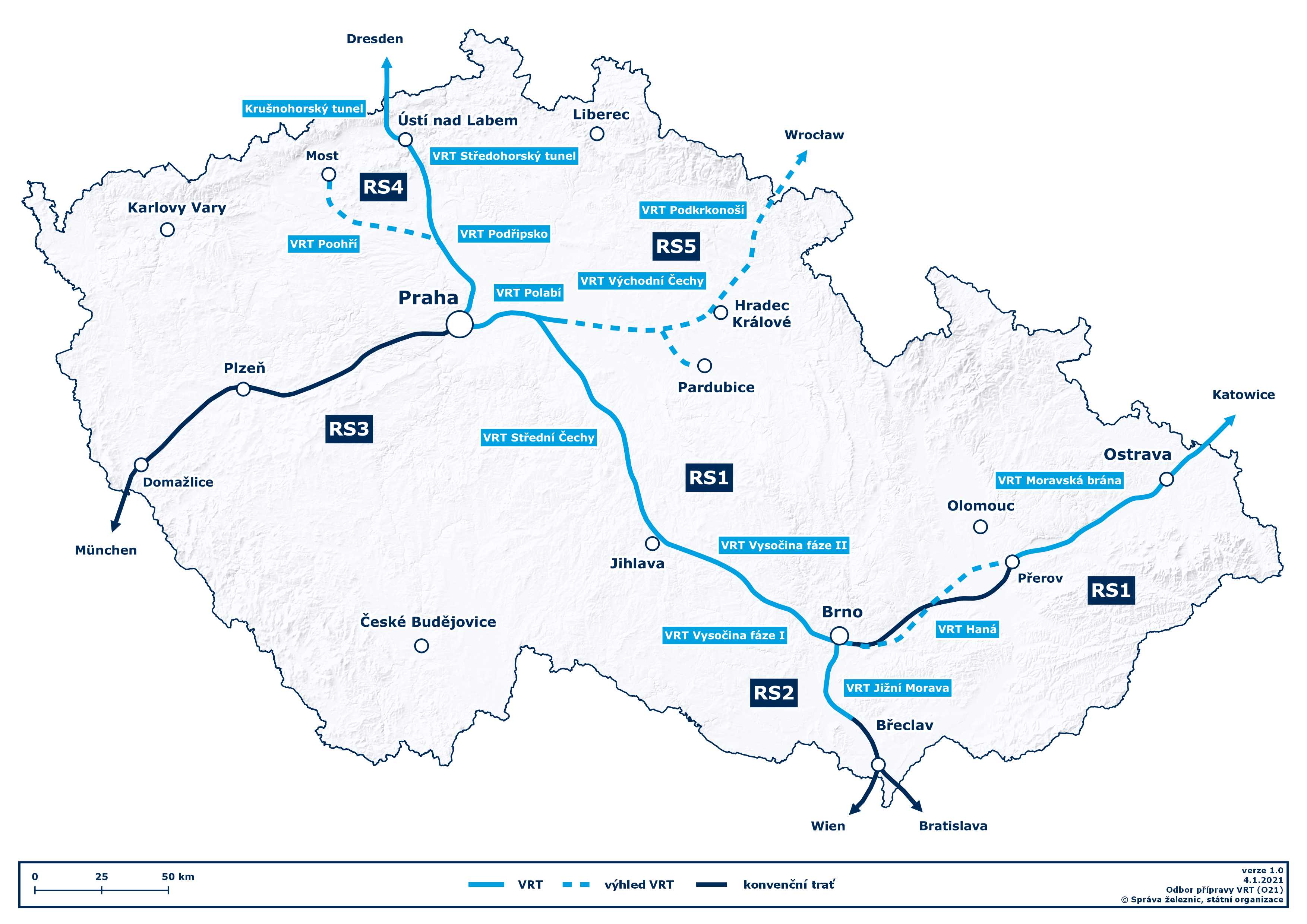 Nagy sebességű vasútvonalak tervezett irányai Csehországban