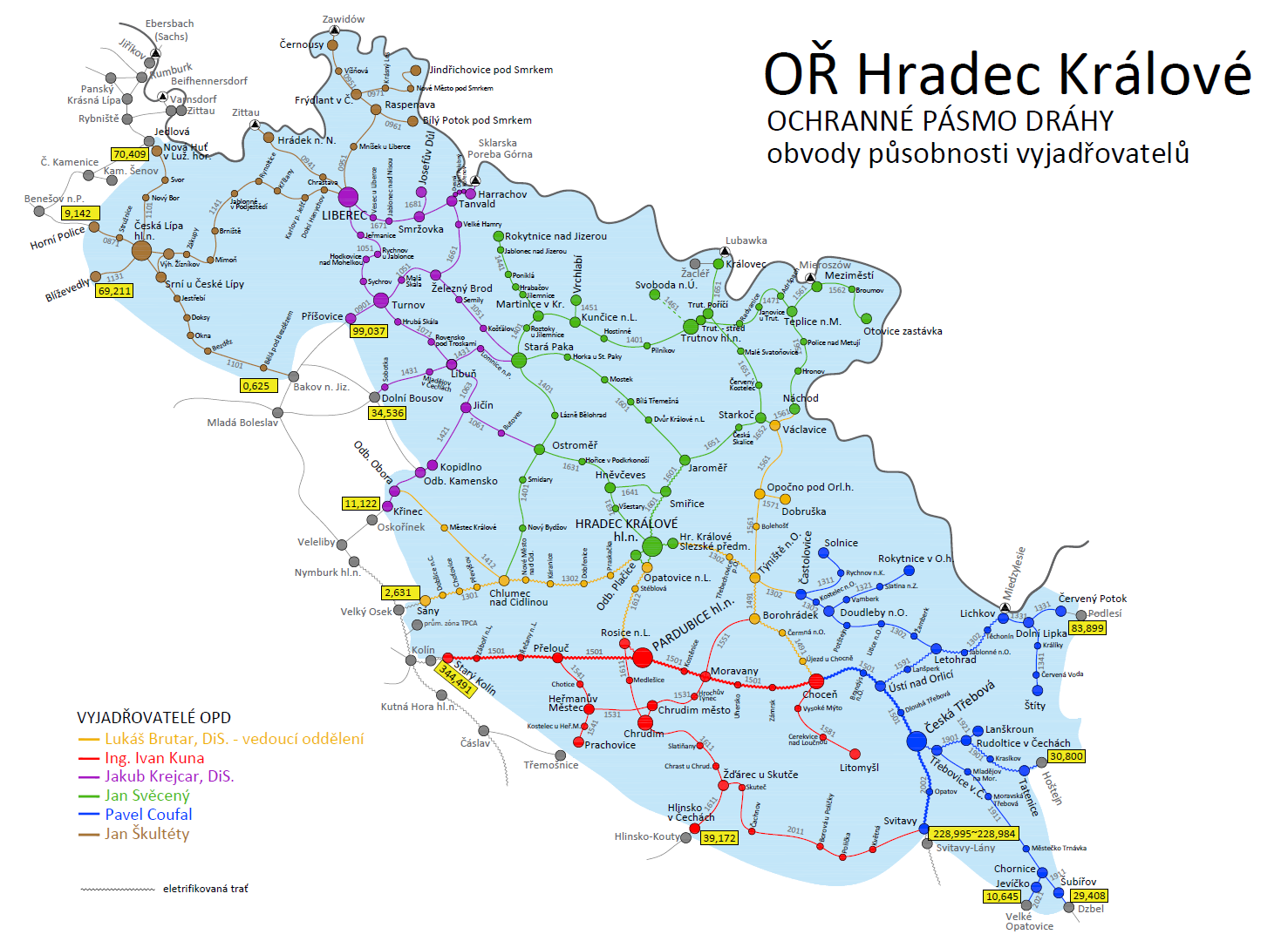 Mapa OŘ Hradec Králové - obvody působnosti vyjadřovatelů